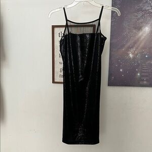 Vintage LA Glo Black Velvet Midi Slip Dress w/ Sheer Mesh Neckline/90’s cocktail